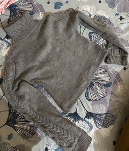Gray Turtleneck Cable Knit Sweater
