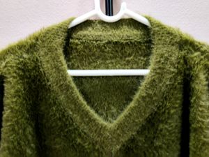 Premium imported green mohair-blend v-neck sweater