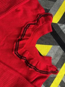 Red Ruffle Trim Knit Sweater