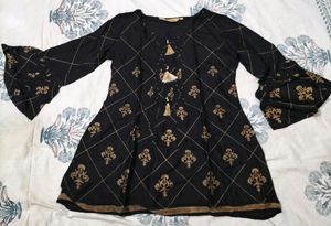 Black With Golden Printed Short Kurti