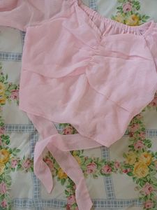 Pink Ruched Crop Top with Puffed sleeves🌷