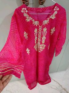 Pink Bandhani Kurti | Gold Embroidery | Festive We