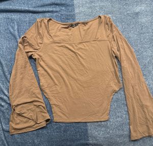 Brown Square Neck Flared Sleeve Top