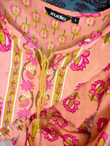 Zudio Floral Printed Tie Up Neck Pastel Top Ethnic