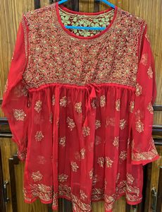 Red & Yellow Embroidered Short Kurti