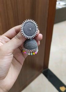 Oxidized Jhumka Earrings with Colorful Beads