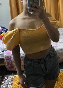 Yellow Smocked Off-Shoulder Crop Top