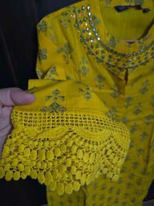 Yellow Printed Kurti with Mirror Detail