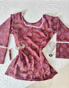 Burgundy Bandhani Print Short Kurti