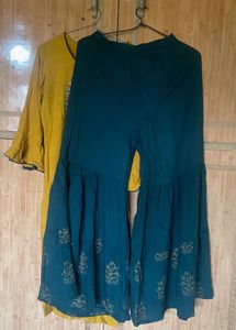 Yellow And Green Kurta Set With Flair Plazzo
