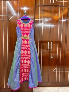 Regal Blue &amp; Pink Silk Floor-Length Anarkali Suit