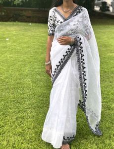 Elegant White &amp; Black Georgette Saree