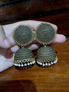 Dome Shaped Golden Oxidised Alloy Jhumka Earrings❤