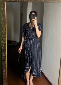 V-neck Blue Dot Wrap Cotton MIDI Dress