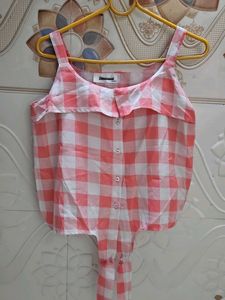 Pink Gingham Tie-Front Button Crop Top