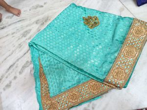 Teal &amp; Gold Embroidered Saree