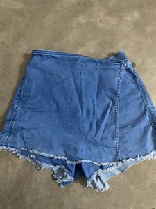 Denim Skort with Frayed Hem