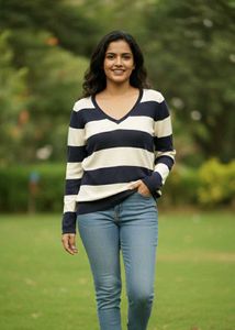 Imported Striped V-Neck Knit Sweater