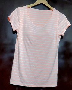 Pink Striped T-Shirt With Attached Bra Padded 36 B