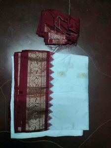 Banarasi White Silk Saree With Maroon Border