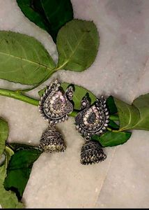 Silver Tone Peacock Jhumka Earrings
