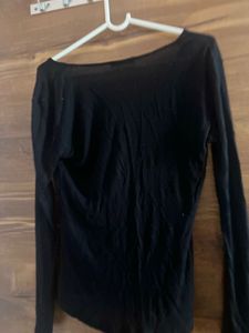 zara ribbed Black Long Sleeve V-Neck Top