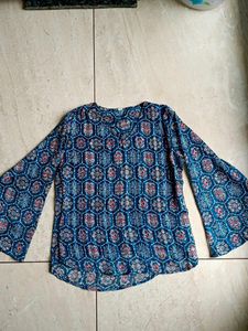 Blue Patterned Bell Sleeve Blouse