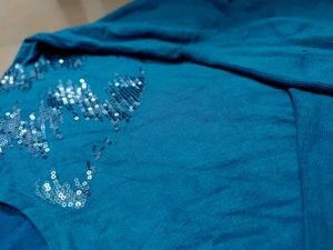 Blue Sequin Embellished Knit Top