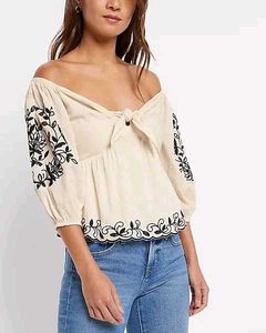 Embroidered Eyelet Off Shoulder Tie Front top