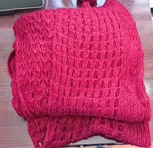 Woollen Red Scarf with Pom Poms