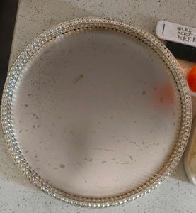 Round Silver Serving Tray with Beaded Edge