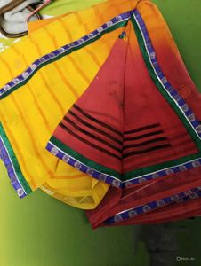 Elegant Yellow red &amp; Orange triple shade Saree