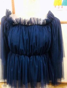 Navy Blue Tulle Off-Shoulder Top