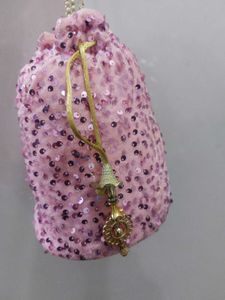 Pink Velvet Potli With Sequin Work &amp; Pearl Strings