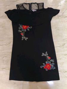 Black Floral Embroidered Cold Shoulder Dress