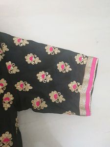Black Raw Silk Embroidered Blouse