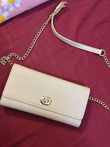 Beige Sling Bag With Golden Hardware