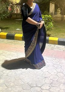 Pretty Navy Blue Plain Saree With Border