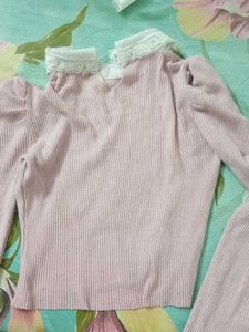 Pink Sweater Top With Lace Detailing Collar