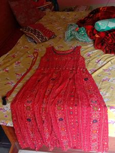 Red Long Traditional Gown With Belt