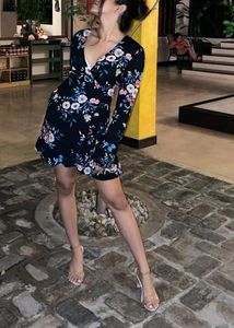 Black Flower Print Wrap Around Dress