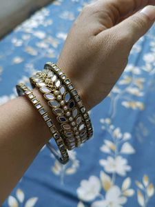 6 Metallic Mirror &amp; Pearl Bangle Set 2 Pair