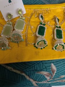 Green Stone Earrings 2 pair set fancy