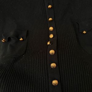 Black Ribbed Knit Top with Gold Versace Buttons