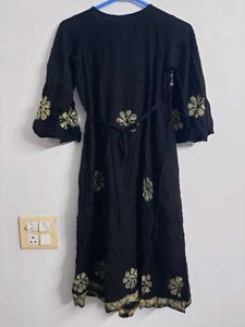 Black Floral Wrap Dress with Yellow Flowers Accent