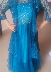 Royal Teal Elegance: Embroidered Layered Gown