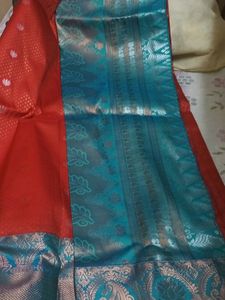 Pattu Red Saree With Sky-blue And Green Shade