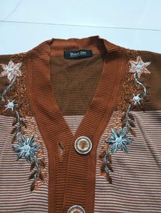 Embroidered Brown Cardigan