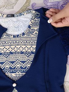 Prussian Blue Three Quarter Sleeve Embroidered Top