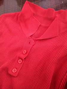 Chilly Red Self Design Fitted Polo Neck Tshirt